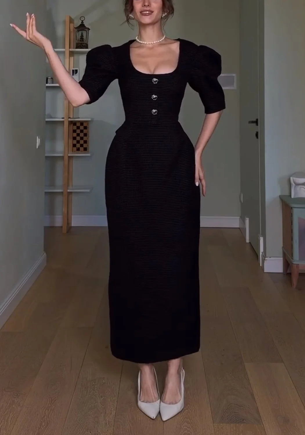 Black Scoop Neck Puff Sleeve Button Front Column Maxi Dress [erp-image:5290a4910ee22e8d308bd2dc]