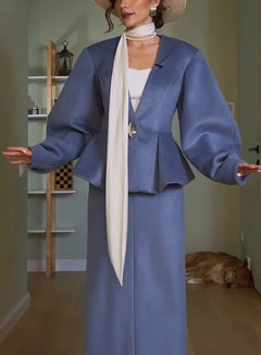 Women's Dusty Blue Lantern Sleeve Peplum Jacket and Column Maxi Skirt Set [erp-image:07f38444127ca92cf1bcd095]