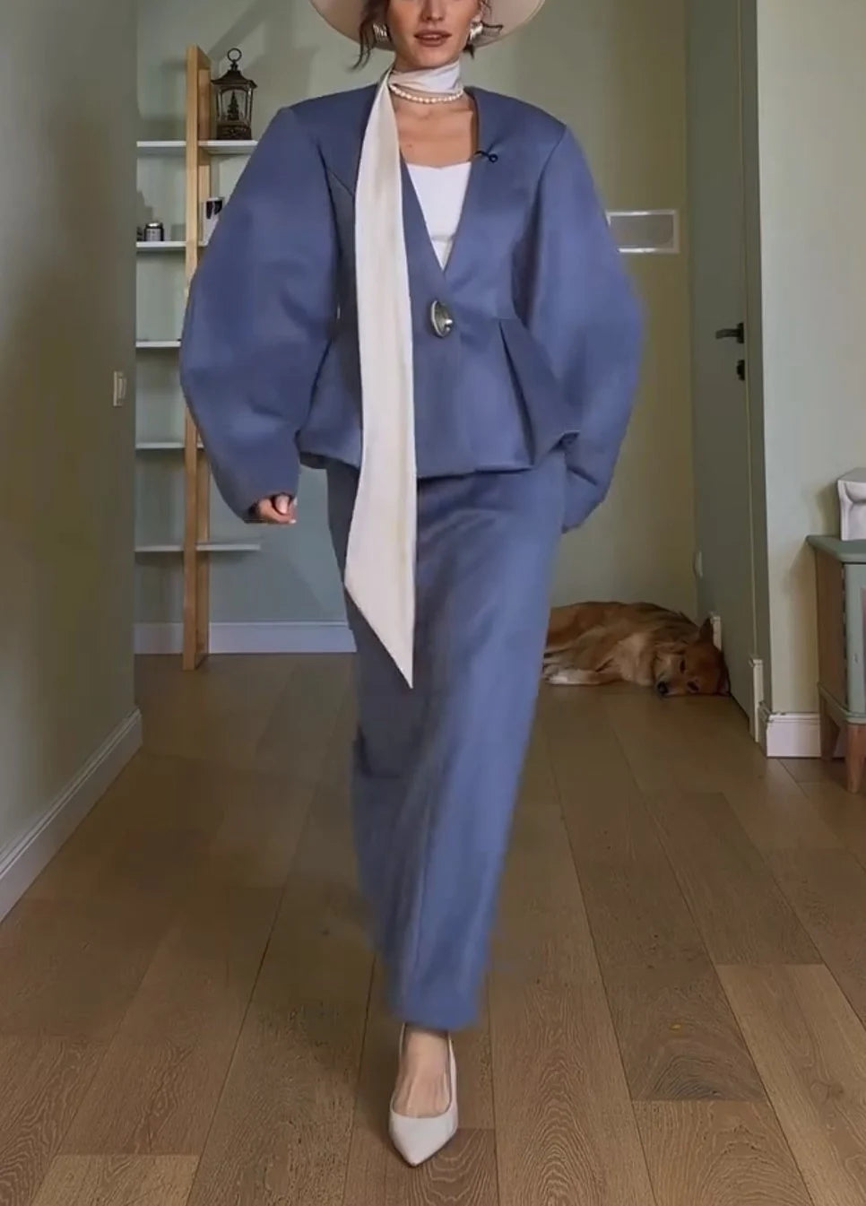 Women's Dusty Blue Lantern Sleeve Peplum Jacket and Column Maxi Skirt Set [erp-image:6c8eca69578ac6b19b6ebfa6]