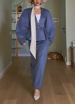 Women's Dusty Blue Lantern Sleeve Peplum Jacket and Column Maxi Skirt Set [erp-image:6c8eca69578ac6b19b6ebfa6]