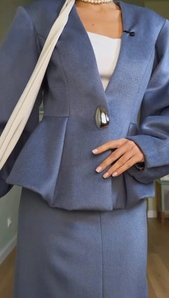 Women's Dusty Blue Lantern Sleeve Peplum Jacket and Column Maxi Skirt Set [erp-image:3e1a90f340d8f0e57bf04734]