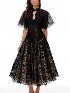 Black Floral Lace Mock Neck A-Line Midi Dress with Flutter Sleeves [erp-image:0d469d811f6686daa7c874cd]