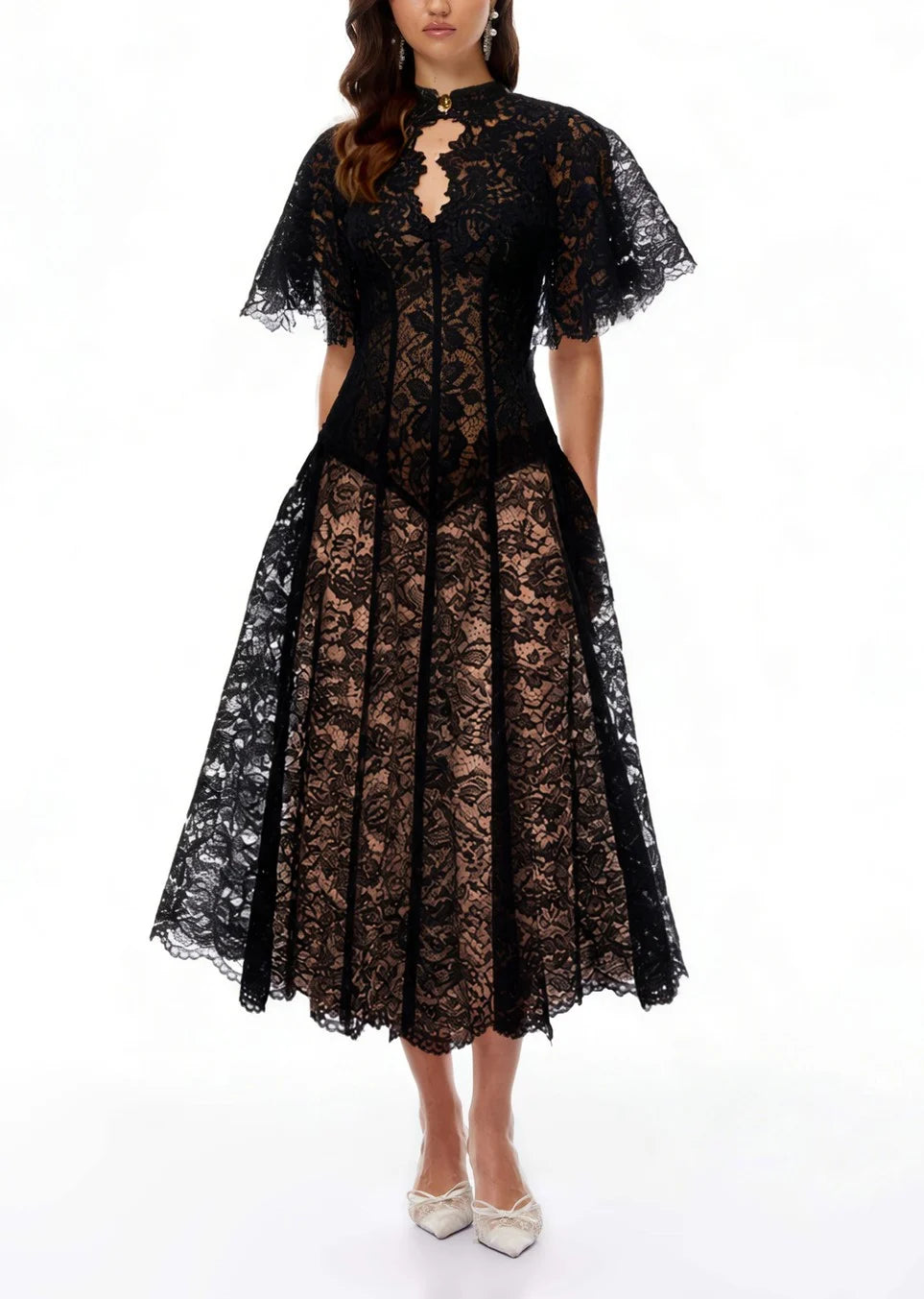 Black Floral Lace Mock Neck A-Line Midi Dress with Flutter Sleeves [erp-image:51bd78333a36a5c68c4c45c8]