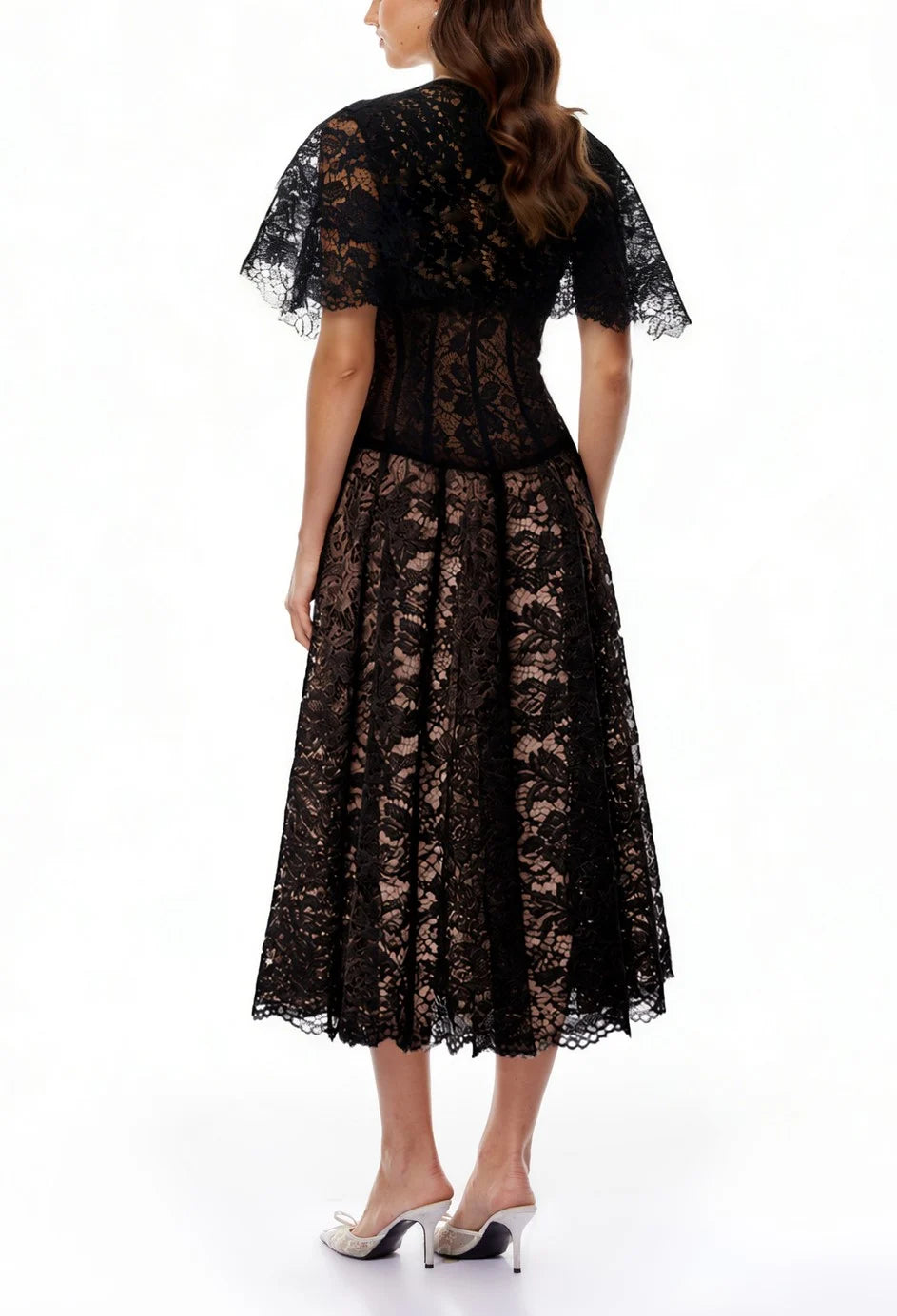 Black Floral Lace Mock Neck A-Line Midi Dress with Flutter Sleeves [erp-image:e0631d60186ea09243145377]