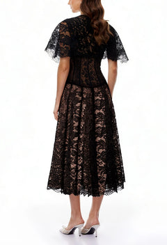 Black Floral Lace Mock Neck A-Line Midi Dress with Flutter Sleeves [erp-image:e0631d60186ea09243145377]