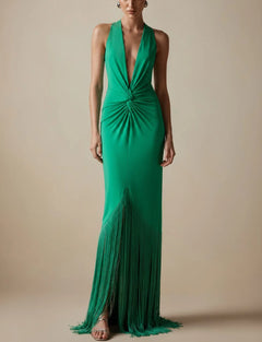 Emerald Green Plunge Halter Twist Front Fringe Slit Maxi Dress [erp-image:0289b482bccc3fd2de05bdc7]