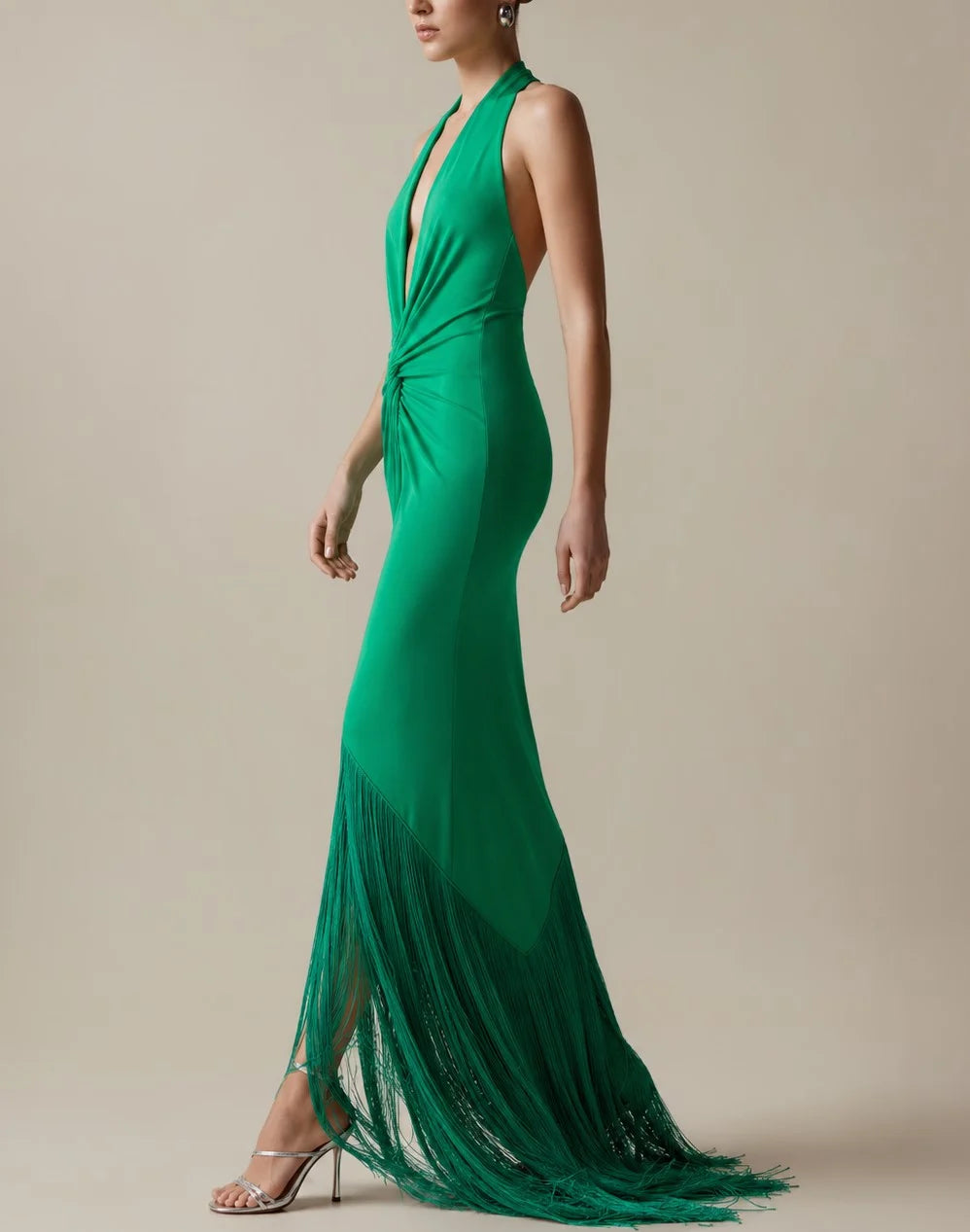 Emerald Green Plunge Halter Twist Front Fringe Slit Maxi Dress [erp-image:6363f4966de68d11f56b8a19]