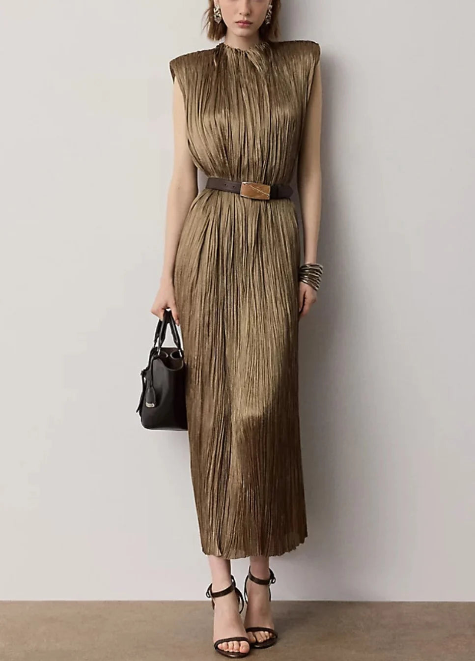 Metallic Pleated Padded Shoulder Sleeveless Column Maxi Dress with High Neck [erp-image:999e4c0c9d6acfc7ca82aa1c]