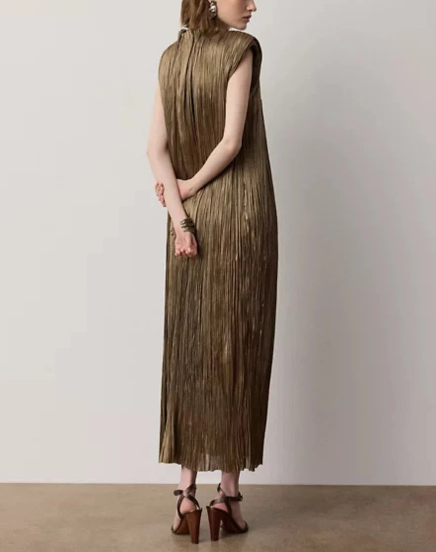 Metallic Pleated Padded Shoulder Sleeveless Column Maxi Dress with High Neck [erp-image:5079887034ef29520e33c5ff]