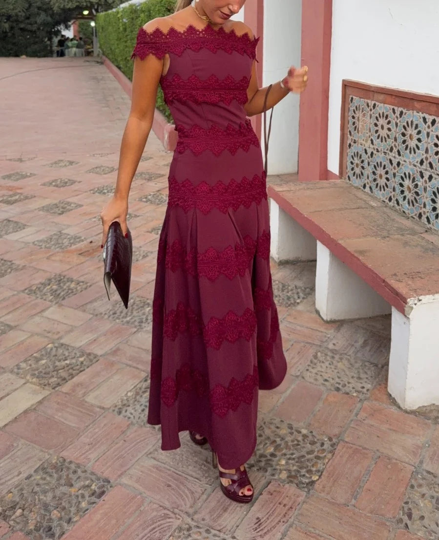 Burgundy Off-the-Shoulder Lace Trim Pleated A-Line Maxi Dress [erp-image:95d5f6003dca1ac37f14d416]