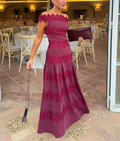 Burgundy Off-the-Shoulder Lace Trim Pleated A-Line Maxi Dress [erp-image:2ed7e59ccaebb251345d6a87]