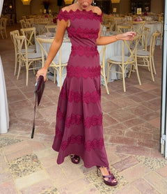 Burgundy Off-the-Shoulder Lace Trim Pleated A-Line Maxi Dress [erp-image:9161e20313d37d46101a4528]