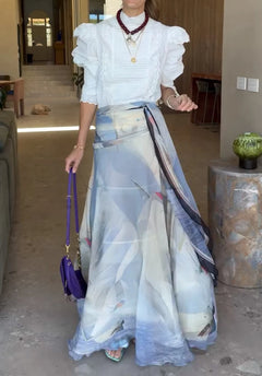 Ruffle Puff Sleeve Blouse and Abstract Print Maxi Skirt Two Piece Set [erp-image:eb91e355f5d2a66d3dd986ee]