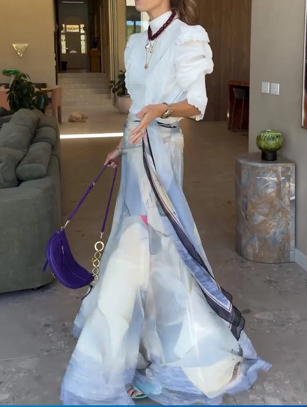 Ruffle Puff Sleeve Blouse and Abstract Print Maxi Skirt Two Piece Set [erp-image:dfecc39000e156ebe6f94061]