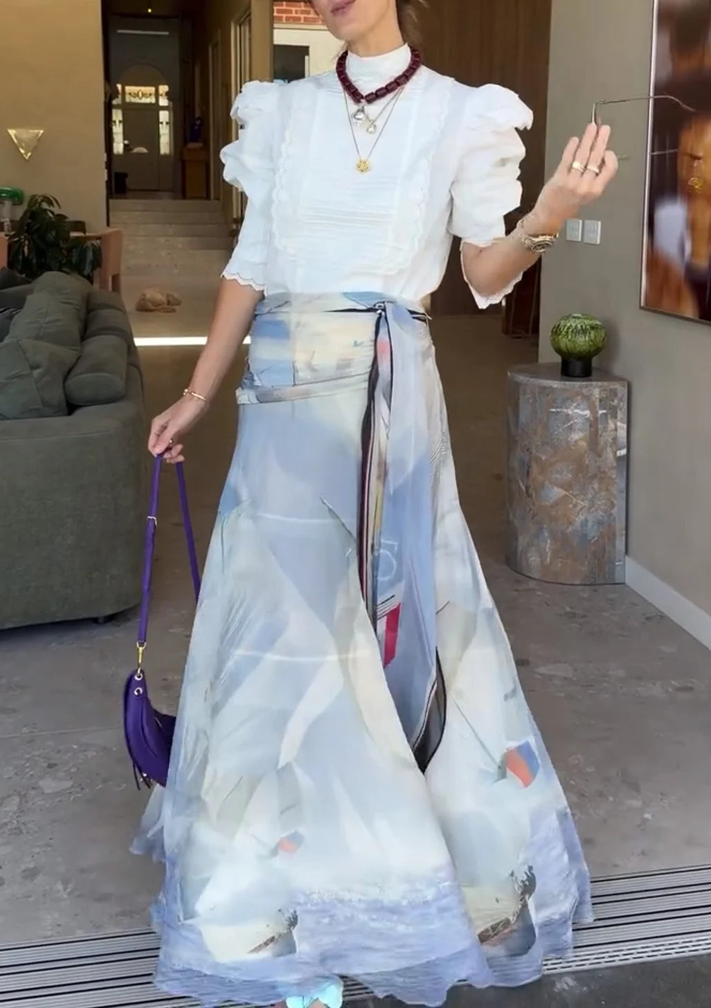 Ruffle Puff Sleeve Blouse and Abstract Print Maxi Skirt Two Piece Set [erp-image:931f70ed80107563ba8491a5]