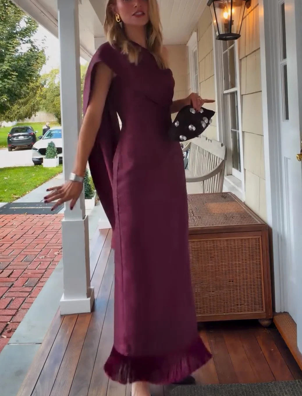 Women's One Shoulder Fringe Hem Column Plum Evening Maxi Dress [erp-image:f644dc606c768d4b8195c06d]