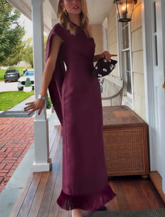 Women's One Shoulder Fringe Hem Column Plum Evening Maxi Dress [erp-image:f644dc606c768d4b8195c06d]