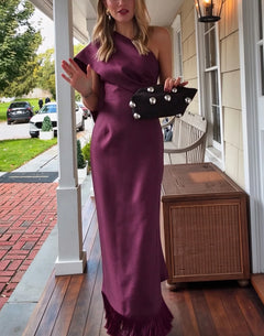 Women's One Shoulder Fringe Hem Column Plum Evening Maxi Dress [erp-image:0b39e886cd4e61f162010c9b]