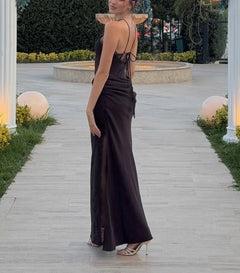 Women's Black Halter Lace Trim Ruched Evening Maxi Dress with Slit [erp-image:bb5763751279968a770ed1da]