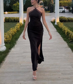 Women's Black Halter Lace Trim Ruched Evening Maxi Dress with Slit [erp-image:395732a80612d84b9a960096]
