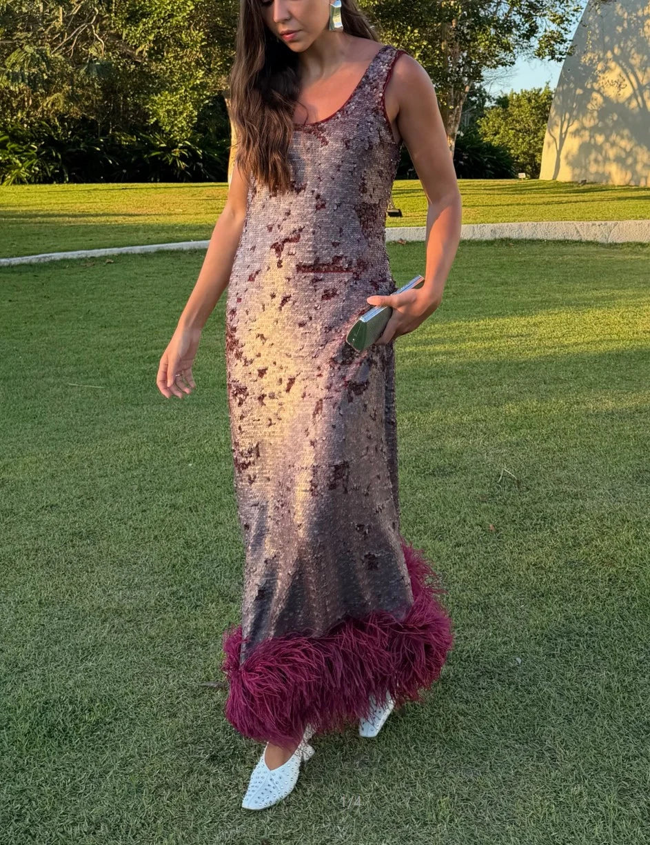 Sleeveless Sequin Scoop Neck Maxi Dress with Plush Feather Trim Hem [erp-image:2d1f95919a9222be90265b27]