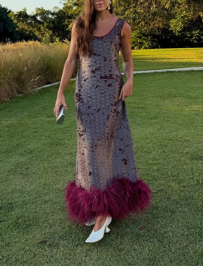 Sleeveless Sequin Scoop Neck Maxi Dress with Plush Feather Trim Hem [erp-image:c6333b43c976483a284bf38b]