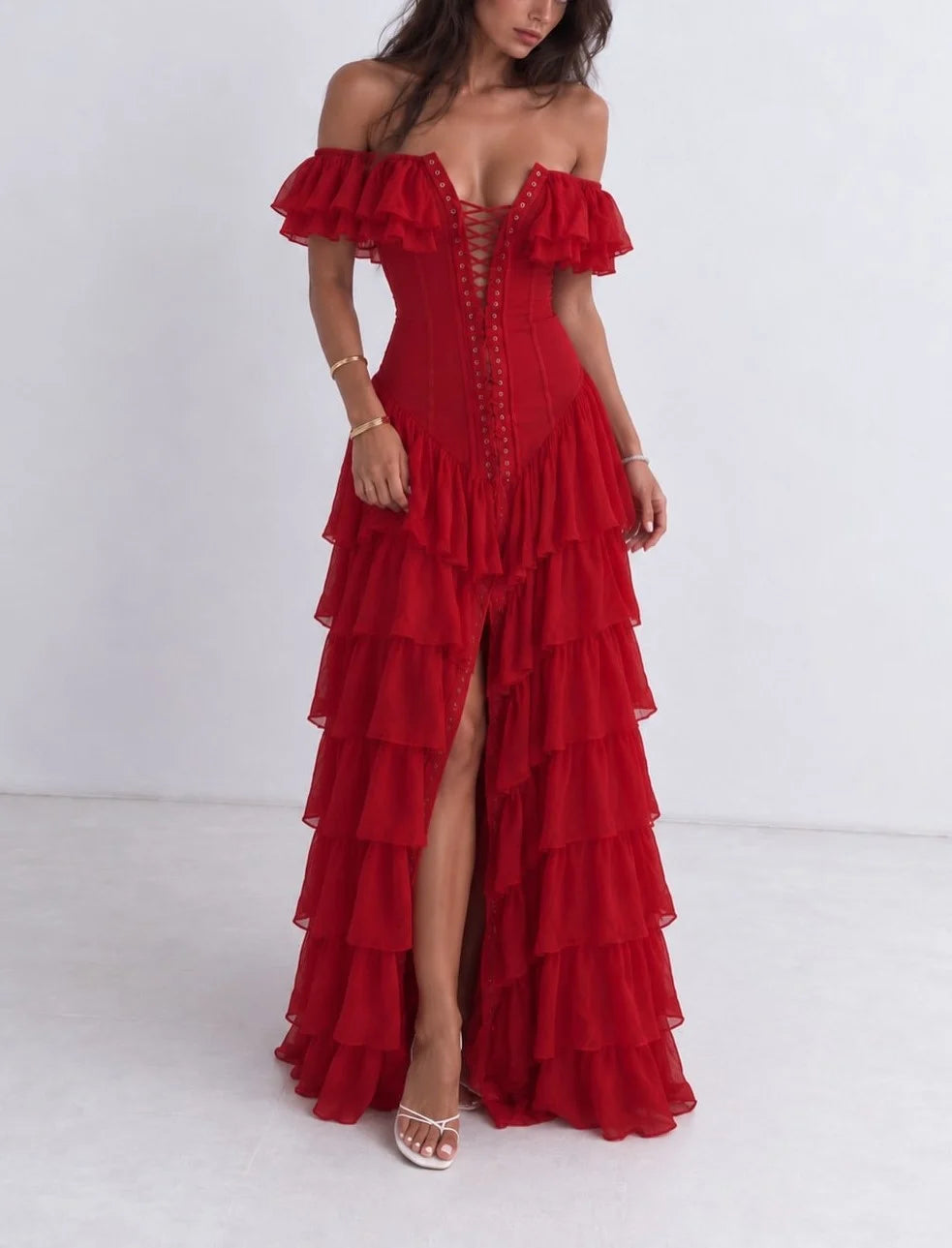 Off-Shoulder Corset Lace-Up Tiered Ruffle Slit Maxi Dress [erp-image:893d277b44629611dd191722]