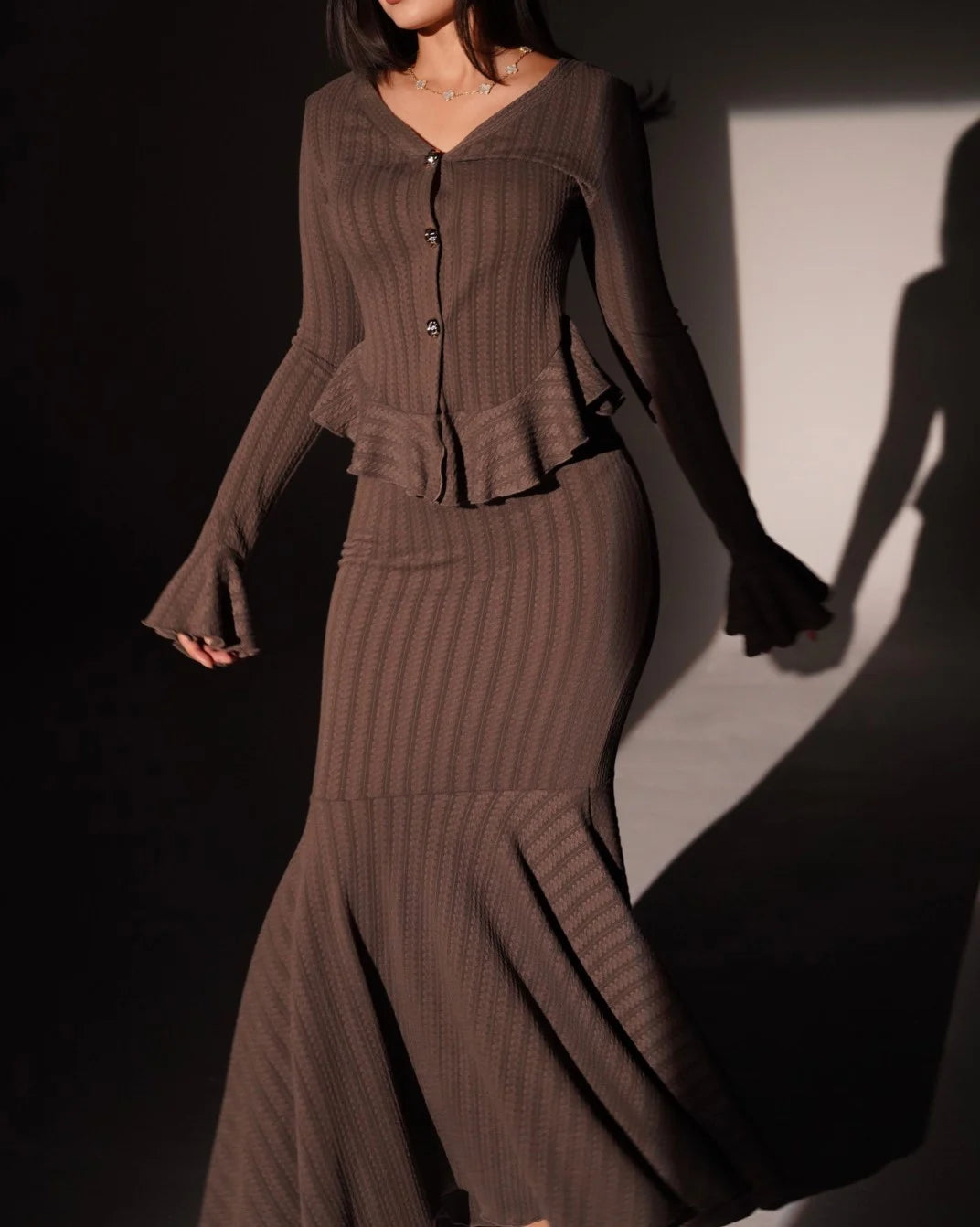 Brown Ribbed Knit Peplum Button Cardigan and Fluted Mermaid Maxi Skirt Set [erp-image:96ca83e723f8d619307dc532]