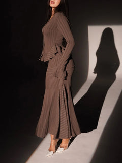 Brown Ribbed Knit Peplum Button Cardigan and Fluted Mermaid Maxi Skirt Set [erp-image:c16423affc2509938192d394]