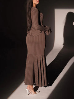 Brown Ribbed Knit Peplum Button Cardigan and Fluted Mermaid Maxi Skirt Set [erp-image:2c32bbf5cc83e8481c6c912e]
