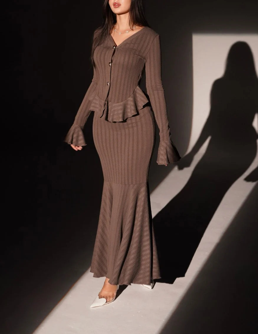 Brown Ribbed Knit Peplum Button Cardigan and Fluted Mermaid Maxi Skirt Set [erp-image:d5131d08ce85ab3fa1f179da]