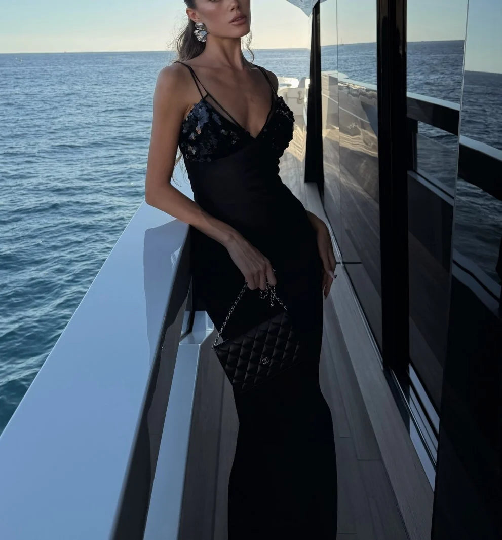 Black Sequin Bust Ruched Satin Cami Maxi Dress [erp-image:e4067a9a81197acae57eae7b]