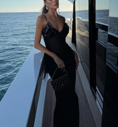 Black Sequin Bust Ruched Satin Cami Maxi Dress [erp-image:e4067a9a81197acae57eae7b]