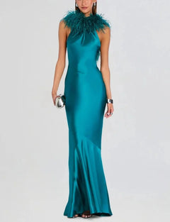 Teal Satin Feather Trim Halter Neck Sleeveless Evening Maxi Dress [erp-image:43c80dee7408ba09d93864b8]