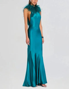 Teal Satin Feather Trim Halter Neck Sleeveless Evening Maxi Dress [erp-image:2ee977508909eb5547107ba1]