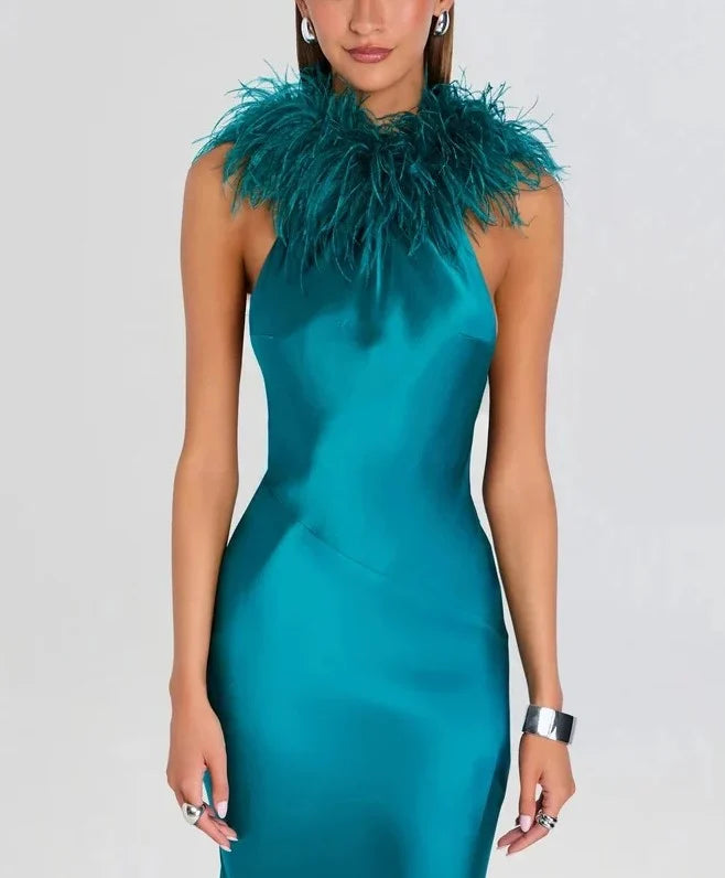 Teal Satin Feather Trim Halter Neck Sleeveless Evening Maxi Dress [erp-image:fa67c92e22e6e603512d8f06]