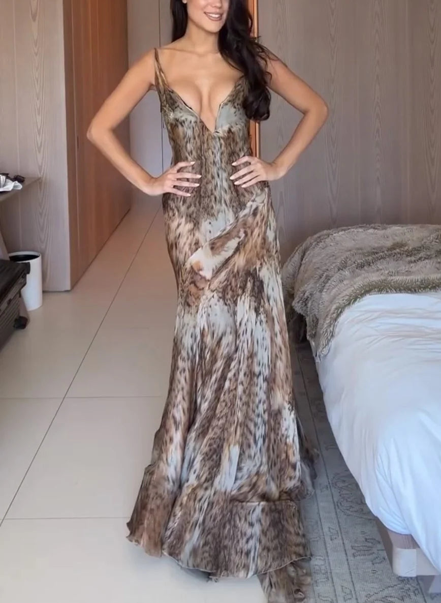 Plunging Deep V-Neck Animal Print Cami Mermaid Maxi Dress [erp-image:20df2f35fe0e57ba382f86b1]
