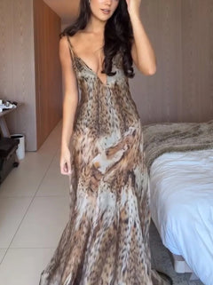 Plunging Deep V-Neck Animal Print Cami Mermaid Maxi Dress [erp-image:c6f608d1327a8f2f3633469e]