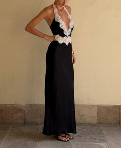 Contrast Lace Trim Halter Neck Backless Slim Fit Satin Evening Maxi Dress [erp-image:e5c0d9394c804cff9500108b]