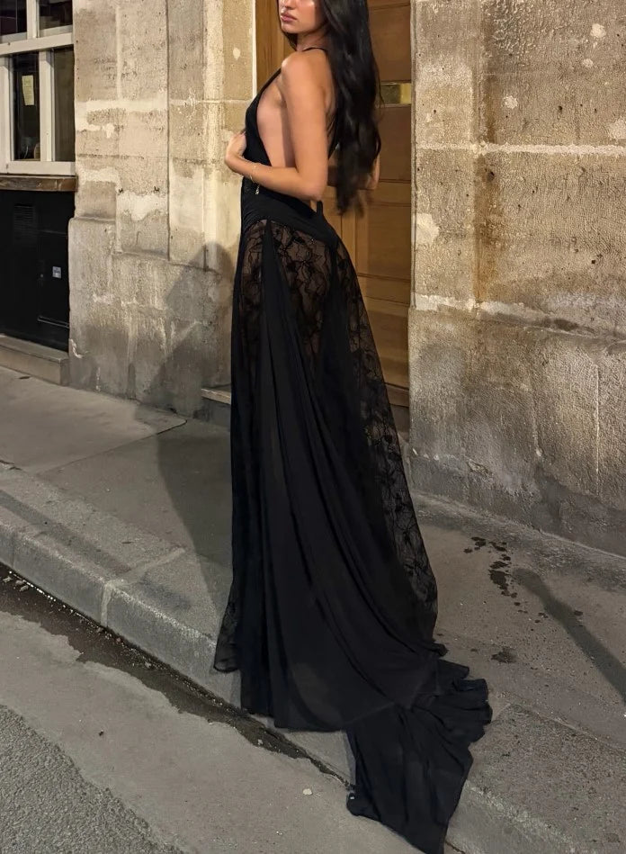 Women's Black Deep V-Neck Sheer Lace Overlay Sleeveless Evening Maxi Dress [erp-image:d43cba9ba4060afb5c7e357e]