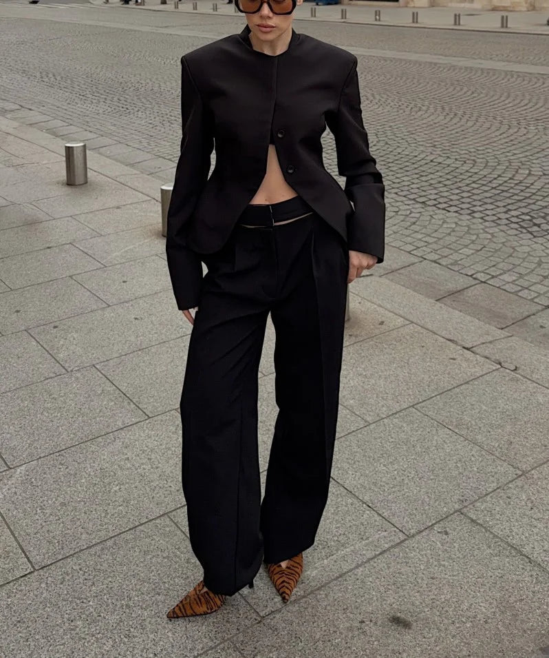 Women's Black Stand Collar Tailored Blazer and Pants Two Piece Suit Set [erp-image:98433abfdbb7280f70613af3]