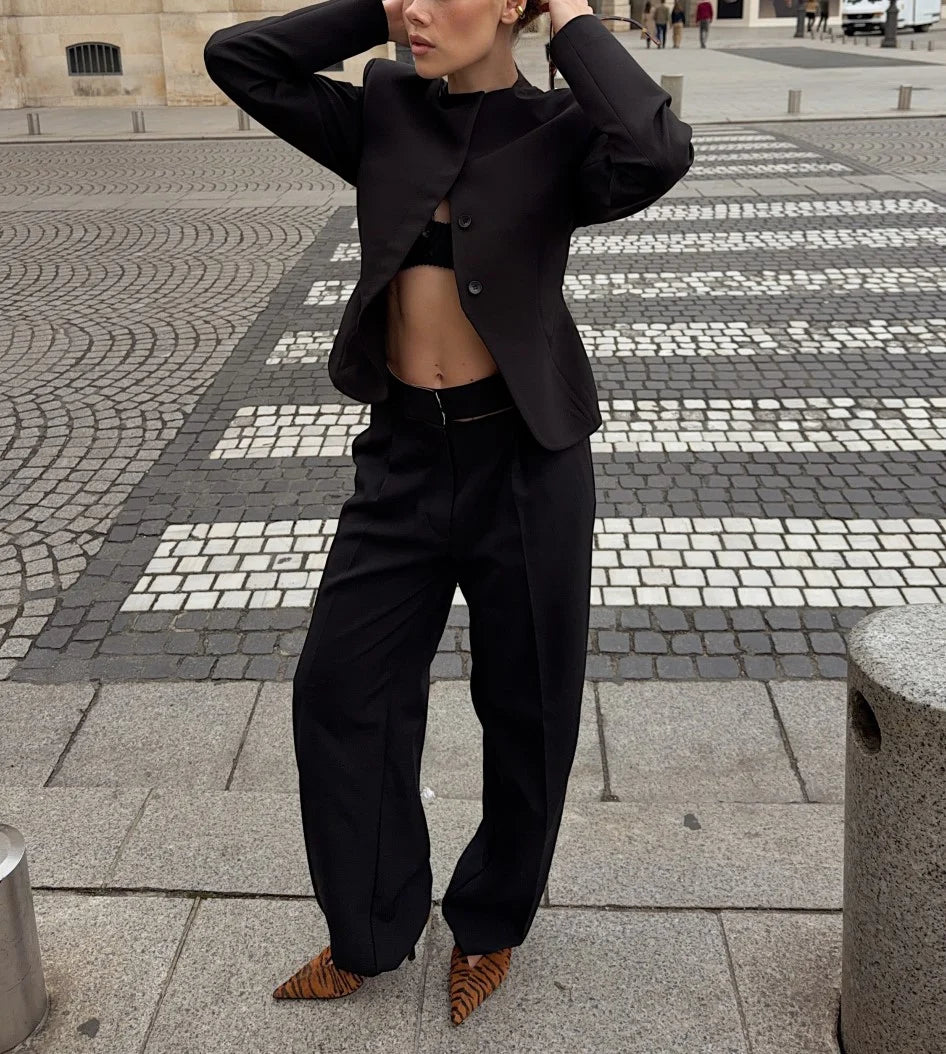 Women's Black Stand Collar Tailored Blazer and Pants Two Piece Suit Set [erp-image:d5363c849e6fc65720104e55]