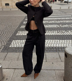 Women's Black Stand Collar Tailored Blazer and Pants Two Piece Suit Set [erp-image:d5363c849e6fc65720104e55]
