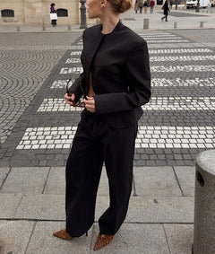Women's Black Stand Collar Tailored Blazer and Pants Two Piece Suit Set [erp-image:df1a0dbba9c0ea2ef39433e4]