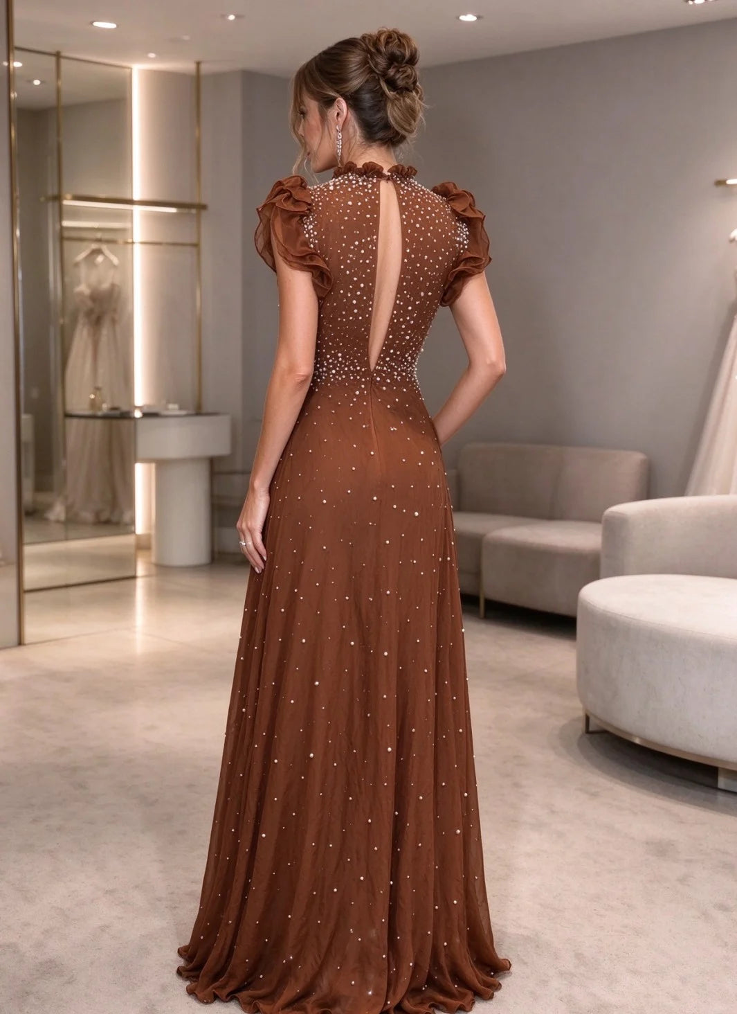 High Neck Ruffle Sleeve Pearl Embellished A-Line Evening Maxi Dress in Brown [erp-image:11e42d6162fd095892e144e3]
