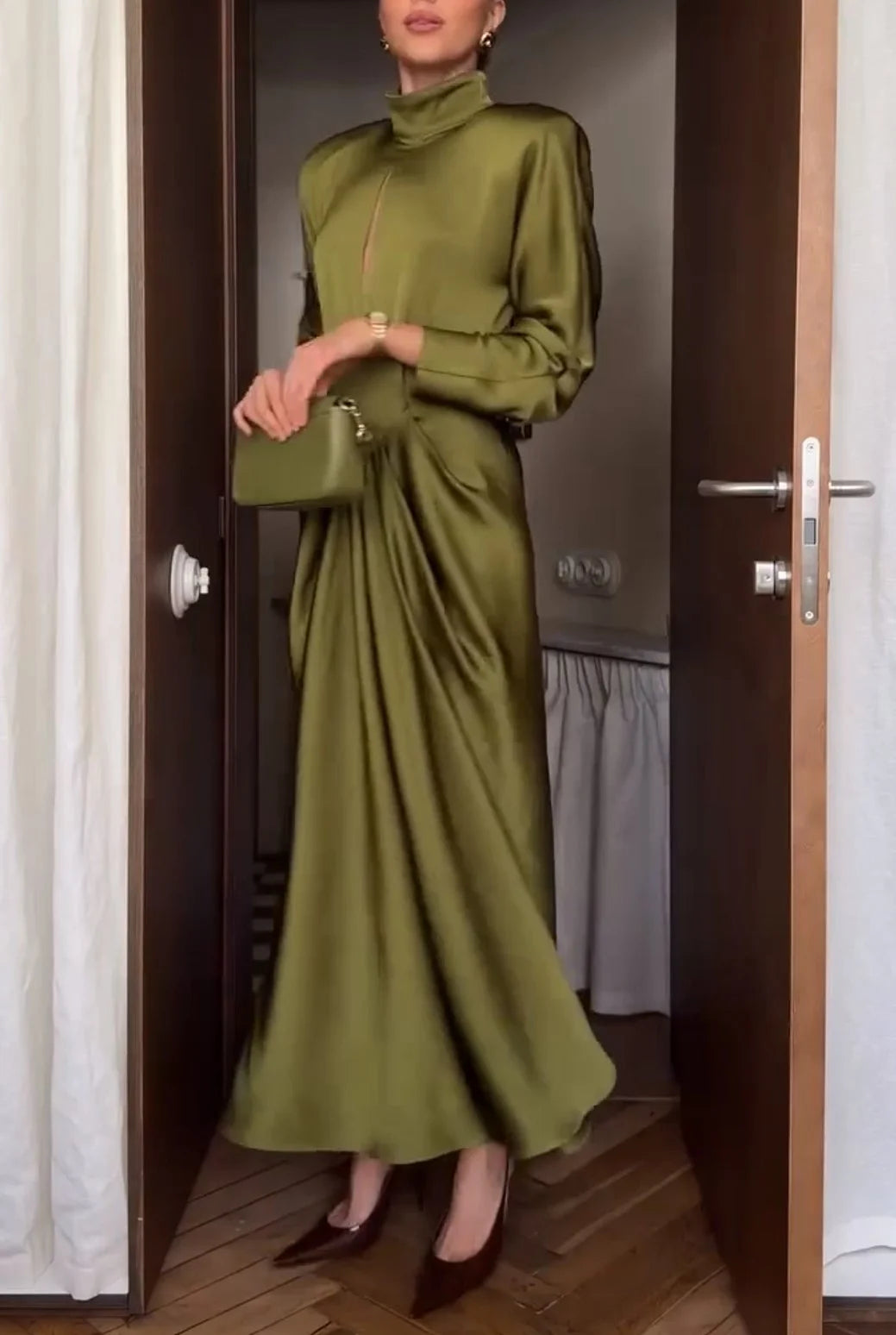 Olive Green Mock Neck Cut Out Long Sleeve Satin Draped Maxi Dress [erp-image:1444b27b33a0ef75120e0787]