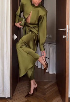 Olive Green Mock Neck Cut Out Long Sleeve Satin Draped Maxi Dress [erp-image:820bbb3b69f746c60b0f40b0]