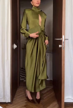 Olive Green Mock Neck Cut Out Long Sleeve Satin Draped Maxi Dress [erp-image:a21567356d269bb3fe0aeec0]