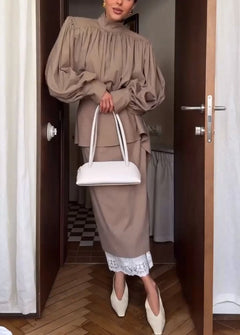 High Neck Lantern Sleeve Gathered Blouse and Midi Skirt Two Piece Set [erp-image:cb12c49908651521e0bacdb4]