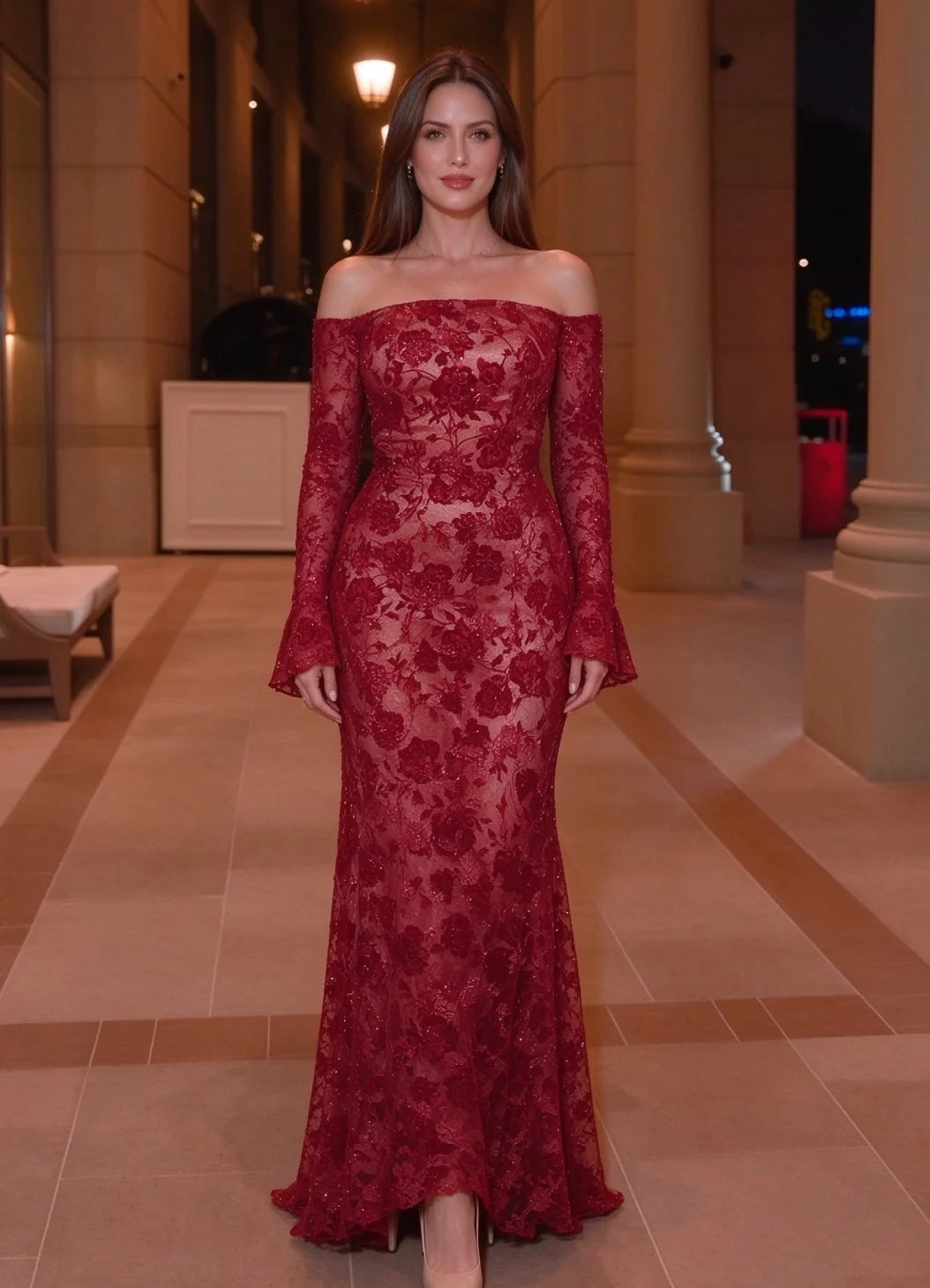 Off-Shoulder Long Sleeve Floral Lace Mermaid Maxi Evening Dress [erp-image:3a5e8891a105e135efe1a066]